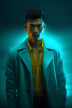 Portrait of a handsome young asian man in a coat.の素材