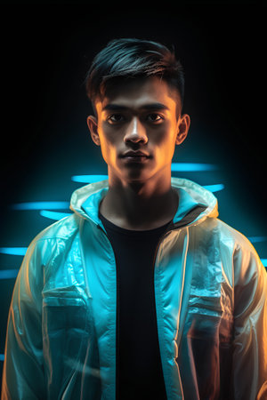 Portrait of young asian man in raincoat on dark backgroundの素材