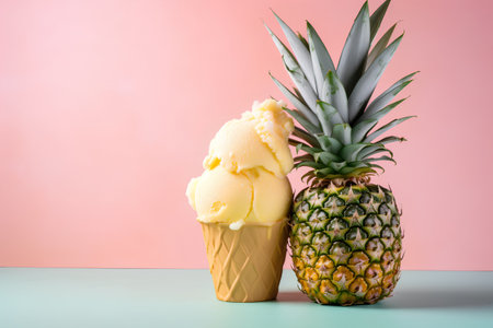 Pineapple ice cream in waffle cone with pineapple on pastel backgroundの素材