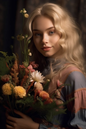 Portrait of a beautiful young woman with a bouquet of flowersの素材