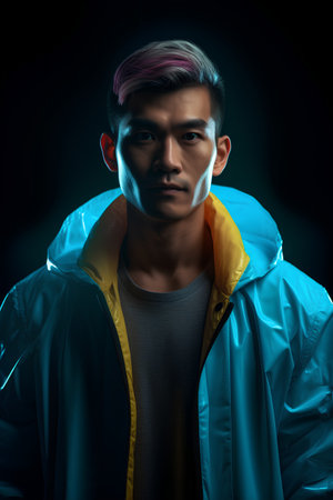 Portrait of young asian man in blue raincoat on black backgroundの素材