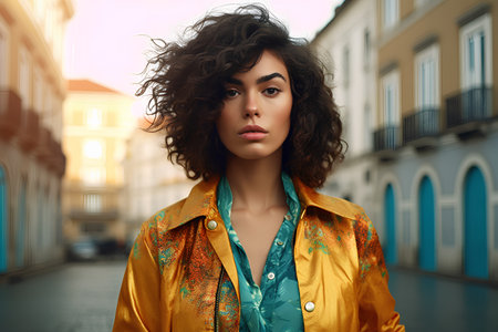 Beautiful woman with curly hair in a yellow coat on the street.の素材