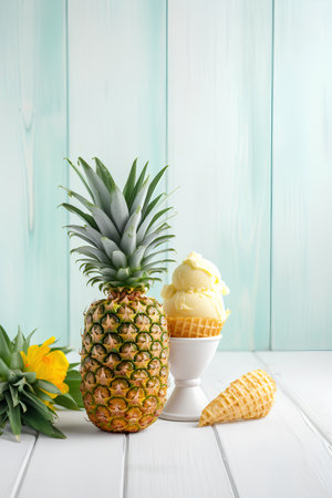Pineapple ice cream with fresh pineapple and waffle cone on wooden backgroundの素材