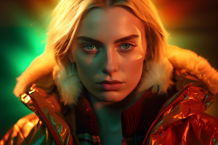 Portrait of a beautiful young woman in a red jacket. Beauty, fashion.の素材