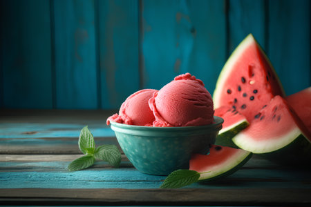Watermelon ice cream in a bowl on a blue wooden background.の素材
