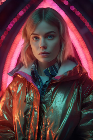Portrait of a beautiful blonde girl in a leather jacket on a background of neon lights.の素材