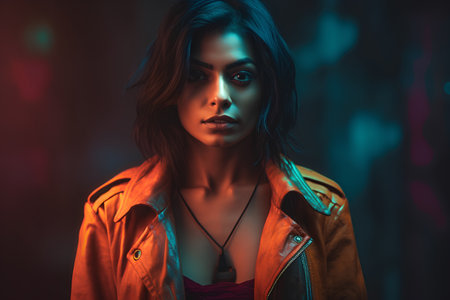 Portrait of a beautiful young woman in a red leather jacket.の素材