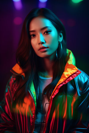 Fashion portrait of beautiful young asian woman in neon light.の素材