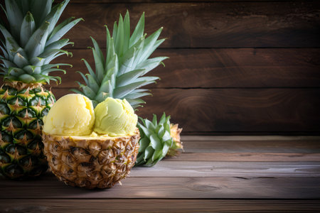 Pineapple ice cream in a pineapple on a wooden background.の素材