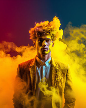 Portrait of a young man in a yellow suit with colorful smoke on a dark background.の素材