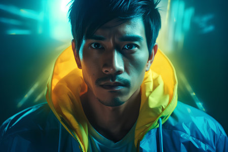 Asian man wearing a yellow raincoat and looking at the camera.の素材