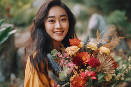 Beautiful young asian woman holding a bouquet of flowers.の素材