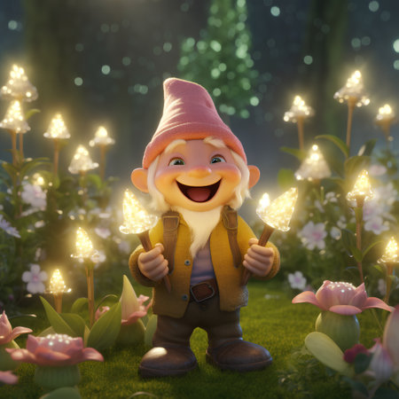 3d rendering of a little boy in the garden with magic lightsの素材