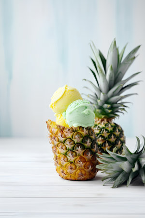 Pineapple ice cream in pineapple on a white wooden background.の素材