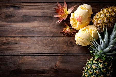 Pineapple ice cream on wooden background with copy space. Top view.の素材