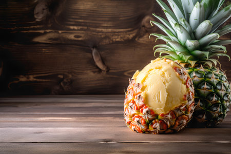 Pineapple with ice cream on a wooden background. Toned.の素材
