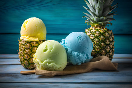 Pineapple ice cream and pineapples on blue wooden backgroundの素材