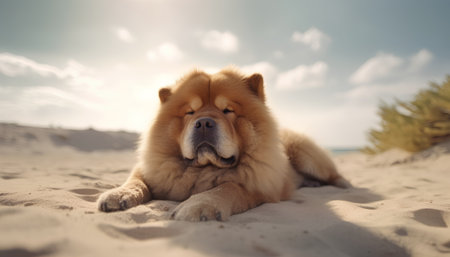 Beautiful chow chow dog lying on the sand on the beachの素材