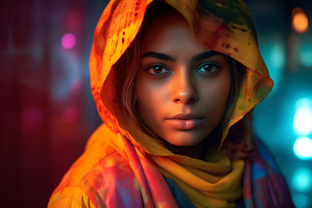 Portrait of a beautiful young woman in a bright yellow scarf.の素材