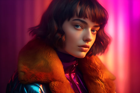 Fashion shot of a beautiful young woman in a fur coat.の素材