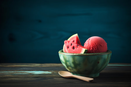 Watermelon ice cream in a bowl on wooden background. Toned.の素材