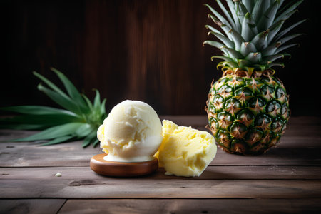 Pineapple ice cream and pineapples on a wooden backgroundの素材