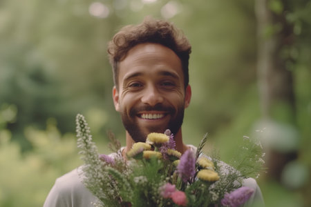 Young man with a bouquet of wildflowers in his handsの素材