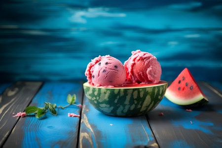 Scoops of ice cream in watermelon bowl on blue wooden backgroundの素材