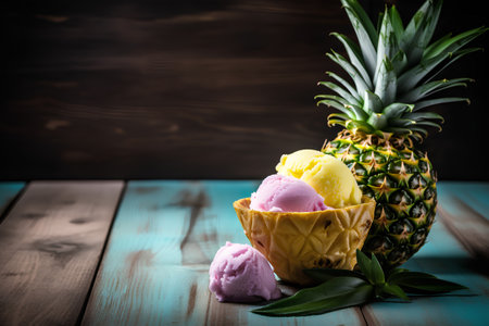 Pineapple ice cream in a waffle cone on wooden backgroundの素材