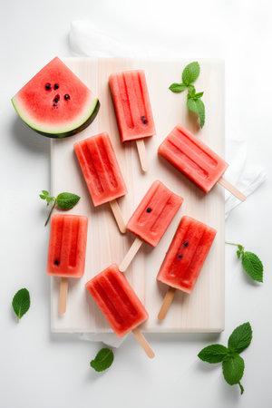 Watermelon popsicles with mint leaves on white background, top viewの素材