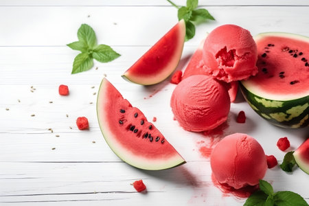 Scoops of watermelon ice cream on a white wooden backgroundの素材