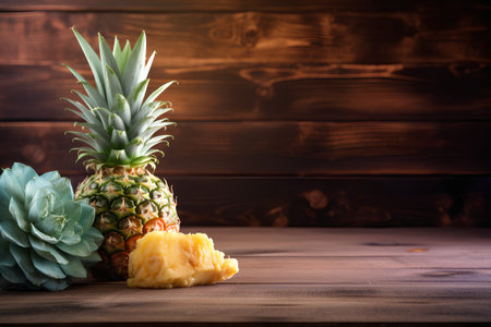 Pineapple and pineapples on a wooden background. Toned.の素材