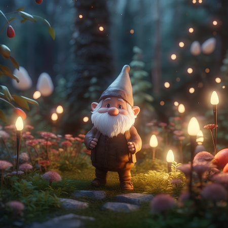 Cute little gnome in the forest at night. 3d rendering.の素材