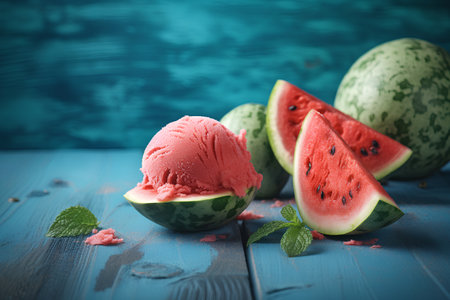 Watermelon ice cream with mint leaves on blue wooden background, selective focusの素材