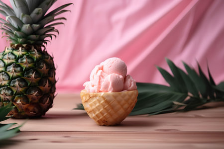 Ice cream in waffle cone with pineapple on wooden table and pink backgroundの素材