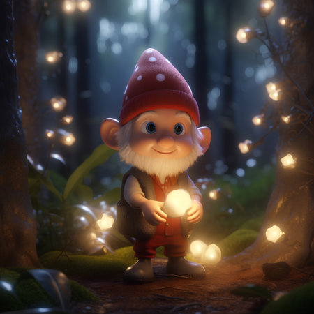 3d rendering of a gnome in a forest with Christmas lightsの素材