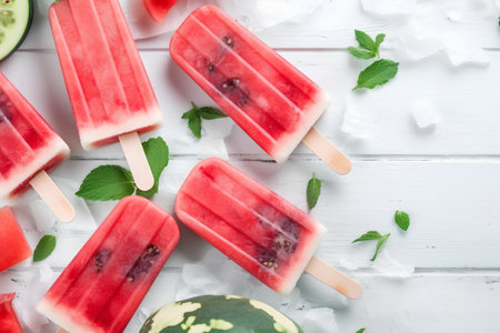 Homemade popsicles with watermelon and mint on white wooden background, top viewの素材