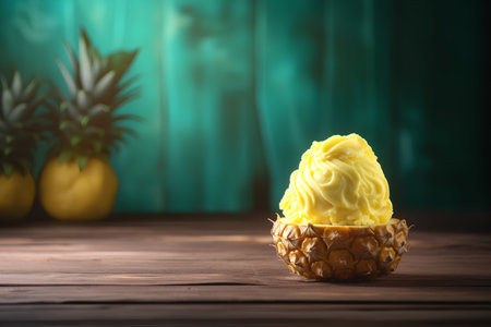 Pineapple ice cream in a pineapple on a wooden table.の素材