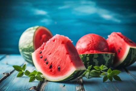 Fresh watermelon with mint leaves on blue wooden background. Toned.の素材