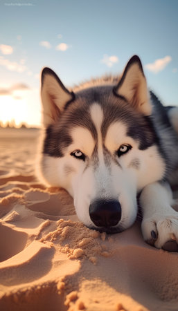 Siberian Husky dog lying in the sand on the beachの素材