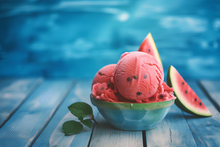 Scoops of ice cream in a bowl on a blue backgroundの素材