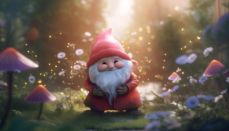 Garden gnome in the garden. 3d render illustration.の素材