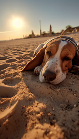 Beagle dog sleeping in the sand on the beach at sunset.の素材