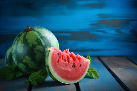 Watermelon and mint on a blue wooden background. Toned.の素材