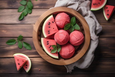Watermelon ice cream on wooden background, top view, copy spaceの素材