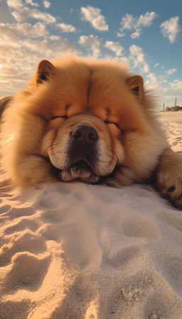 Cute chow chow dog sleeping on the sand at sunsetの素材