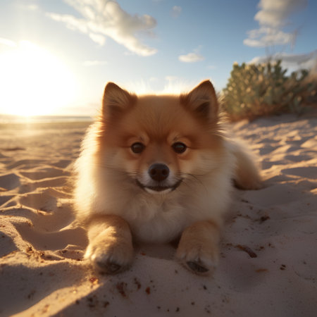 Cute Pomeranian dog lying in the sand at sunset.の素材