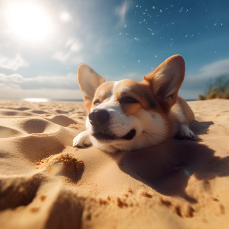 Cute welsh corgi dog lying on the sand at the beachの素材