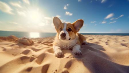 Cute welsh corgi puppy lying in the sand on the beachの素材