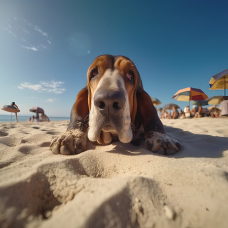 beagle dog lying on the sand in the rays of the sunの素材